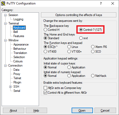 PuTTY Backspace Configuration